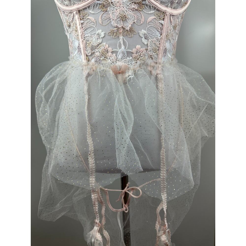 NWT For Love & Lemons Mae Teddy W/ Garters Babydoll Lingerie Pink Shimmer Med M - Picture 7 of 16